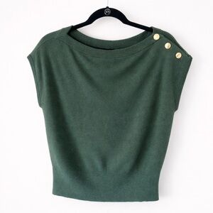 ANN TAYLOR Green Boatneck Knit Top Gold Button Shoulder | Size Small | Like New